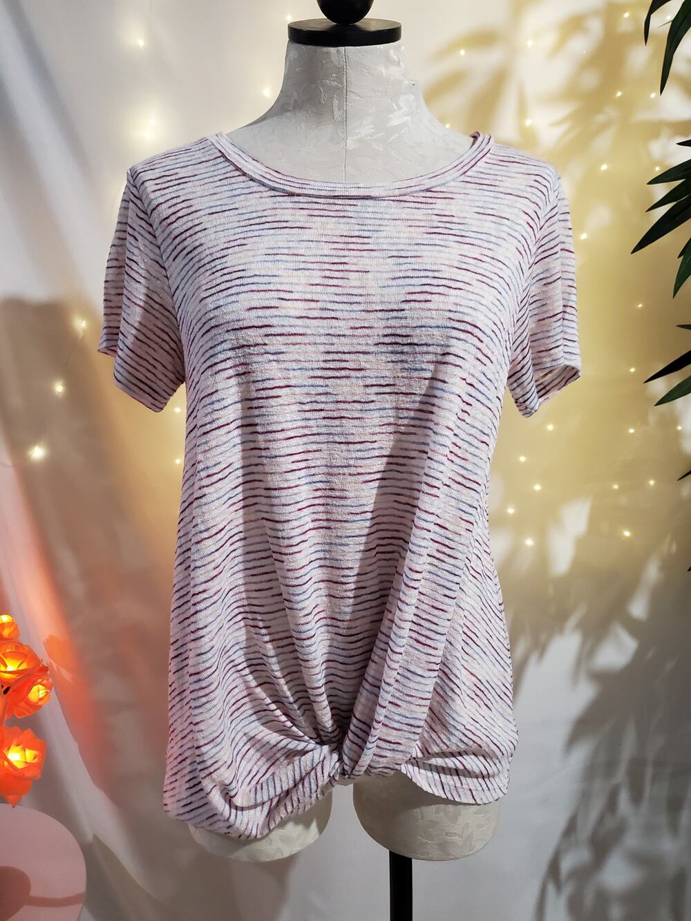 Bobeau Striped Multicolor V-Neck Twist Hem T-Shirt Womens Size S Short Sleeve
